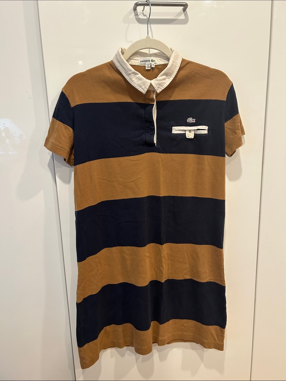Lacoste Striped Polo Mini Dress in Brown and Navy with White Collar